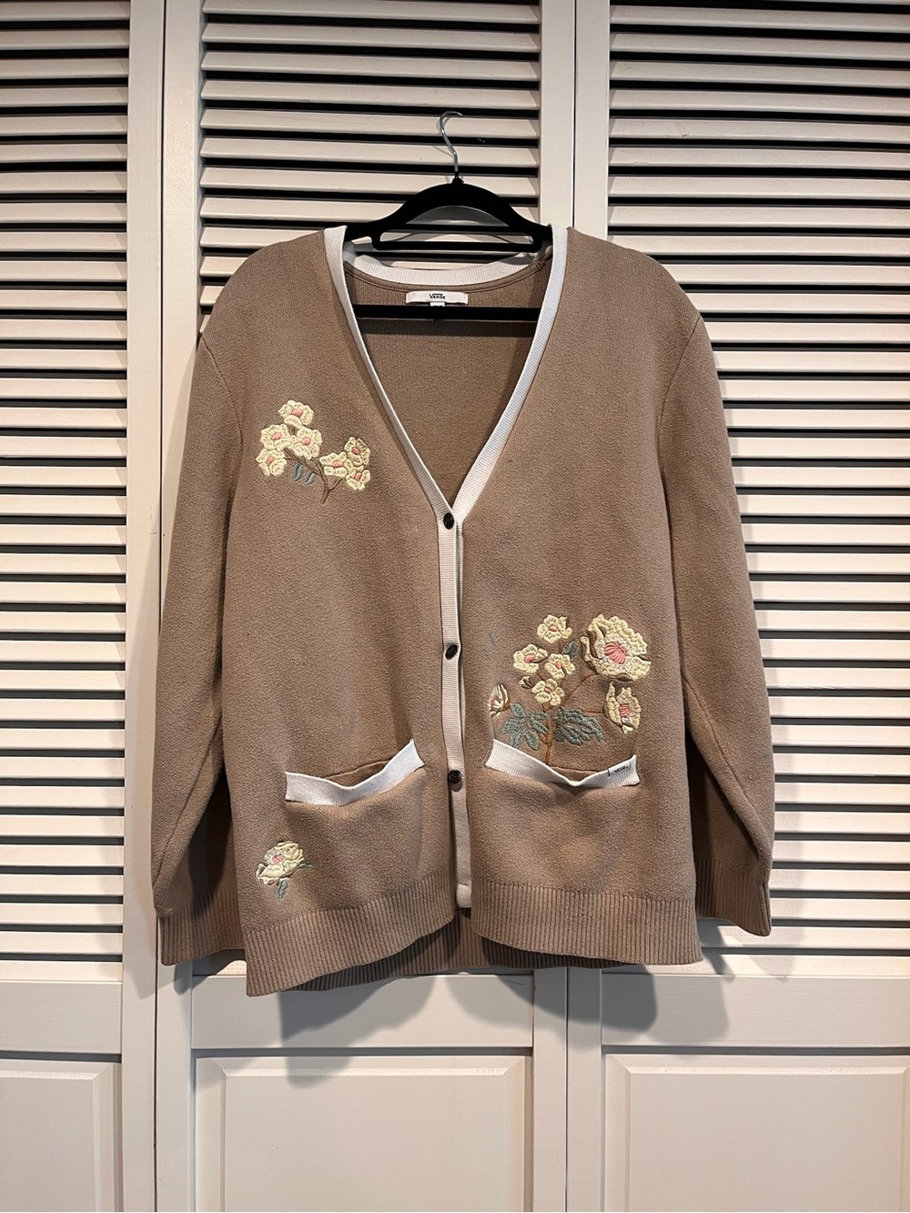Beige Floral Embroidered V-Neck Cardigan Sweater